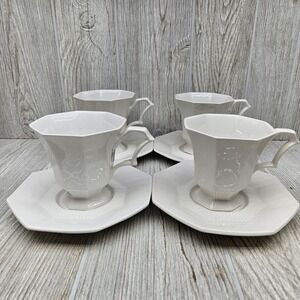 Independence Ironstone Castleton White Octagonal Footed Tea Cup & Saucer Set 4